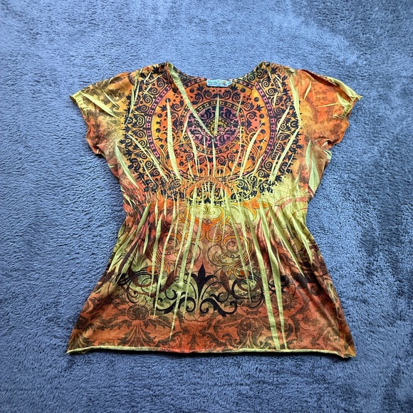 Unity World Wear Tops - Unity World Wear Flame Orange Boho Hippie Top Shirt Womens XL Bejeweled